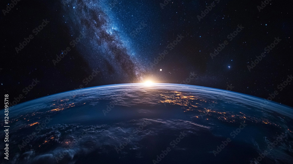 Obraz premium High-resolution image of planet Earth rising over the horizon, illuminated by the sun�s golden rays, set against the vastness of outer space