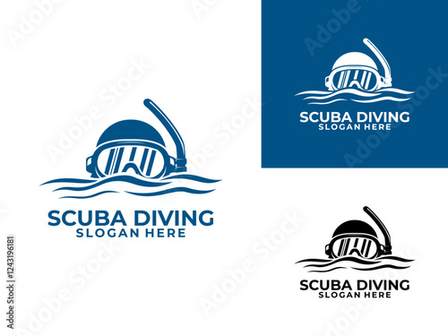 Scuba Diving Logo Design Vector Template. Diver with Wave logo design vector