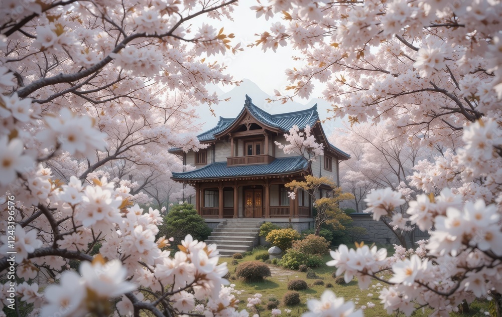 A small white house surrounded by blooming cherry blossom trees A small white house surrounded by blooming cherry blossom trees