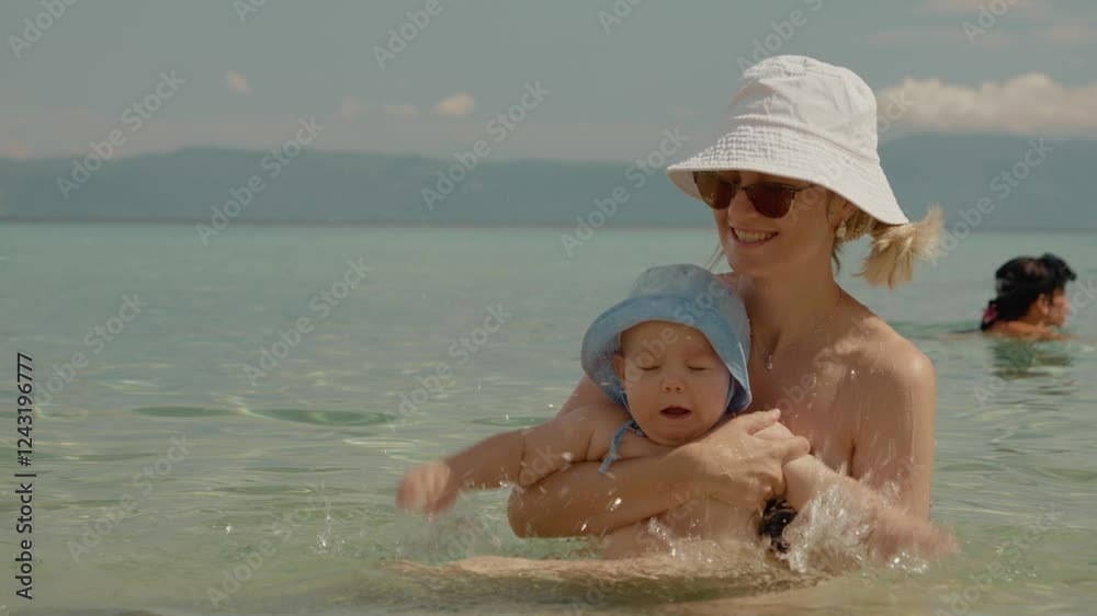 Mom with son in the sea having fun while on vacation abroad. Happy family vlogging. Tropical country. Mom with son in the sea having fun while on vacation abroad. Happy family vlogging. Tropical country.