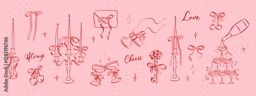 Hand drawn coquette aesthetics elements. Vintage cute symbols with ribbon and bow in simple crayon and sketch style. Trendy art for Valentine day and wedding invitations. Outline vector illustration