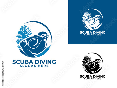 Snorkeling logo design. Diver with Coral reefs logo vector icon. Scuba Diving Logo Design Vector Template