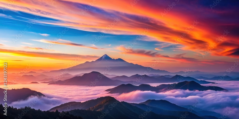 Fototapeta premium Serene Panorama of Majestic Mountains Bathed in the Warm Glow of a Vibrant Sunset, a Breathtaking View of Nature's Splendor