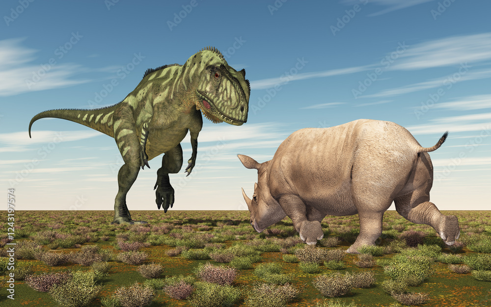 Fototapeta premium Dinosaurier Yangchuanosaurus und Nashorn