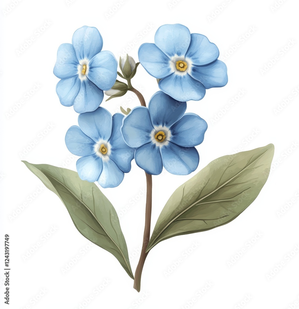 Fototapeta premium Forget-me-nots, floral design, white background, spring, digital illustration, greeting card