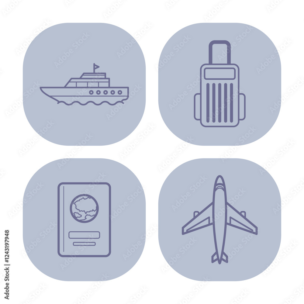 Collection of icons with essential travel items including suitcase, passport, ship, and airplane. Travel planning and adventure inspiration concept Collection of icons with essential travel items including suitcase, passport, ship, and airplane. Travel planning and adventure inspiration concept