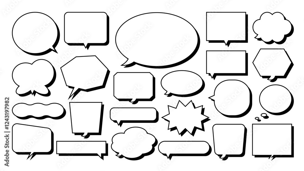 Fototapeta premium シンプル アメコミ風影あり ポップ 吹き出しセット まとめ ベクターデータ チラシ・雑誌・Web・動画素材 モノクロ 文字なし