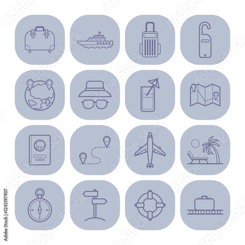 Collection of travel icons with essentials like luggage, passport, and maps. Activities and items for memorable journey across various destinations