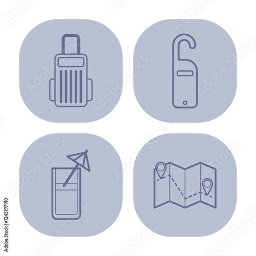 Collection of travel icons, including suitcase, lock, cocktail, and map. Enjoyable traveling experience concept