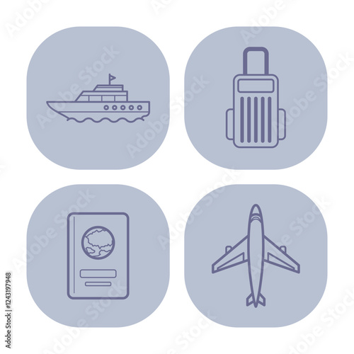 Collection of icons with essential travel items including suitcase, passport, ship, and airplane. Travel planning and adventure inspiration concept