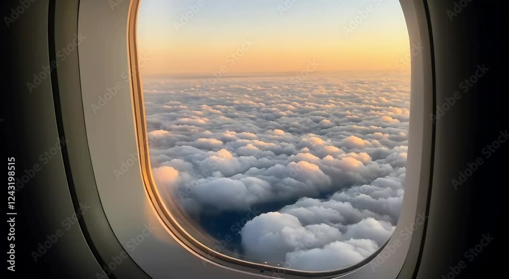 Airplane Window View Above Clouds at Sunset, Flying Over White Cloudscape