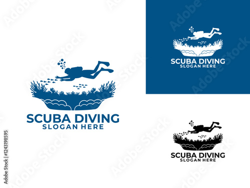 Scuba Diving Logo Design Vector Template. Underwater logo design, Diver with coral and fish logo vector.