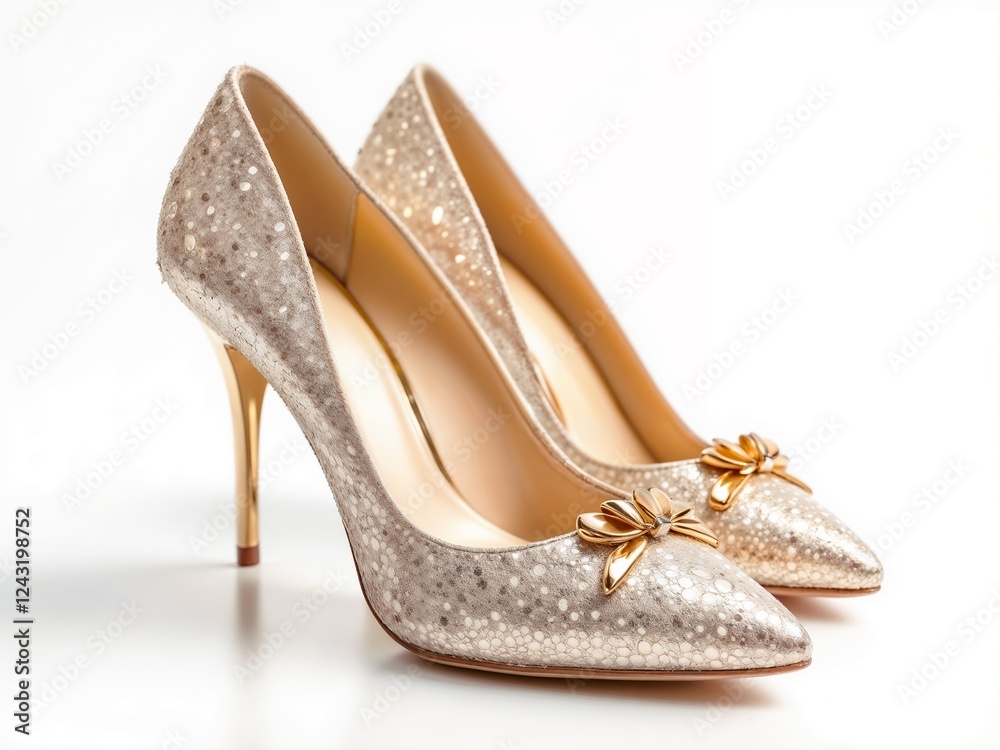 High-heeled shoes with sequins and golden bows on a white background in an elegant, festive style High-heeled shoes with sequins and golden bows on a white background in an elegant, festive style