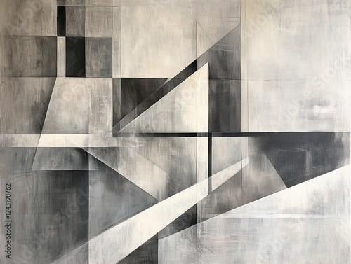 Abstract geometric painting in shades of gray and black, featuring intersecting lines and planes creating a sense of depth and architectural form.