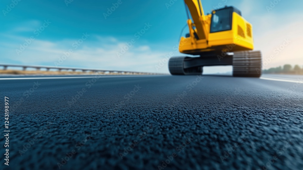 A close-up view of a yellow construction vehicle paving a new road under a clear blue sky. A close-up view of a yellow construction vehicle paving a new road under a clear blue sky.