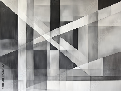 Abstract geometric painting in shades of gray and black, featuring intersecting lines and planes creating a sense of depth and architectural form.