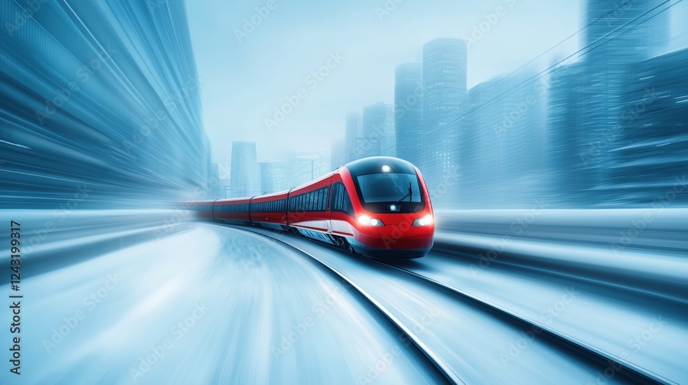 Obraz premium A sleek red train speeds through a futuristic cityscape, creating a dynamic motion effect against a backdrop of blurred skyscrapers.