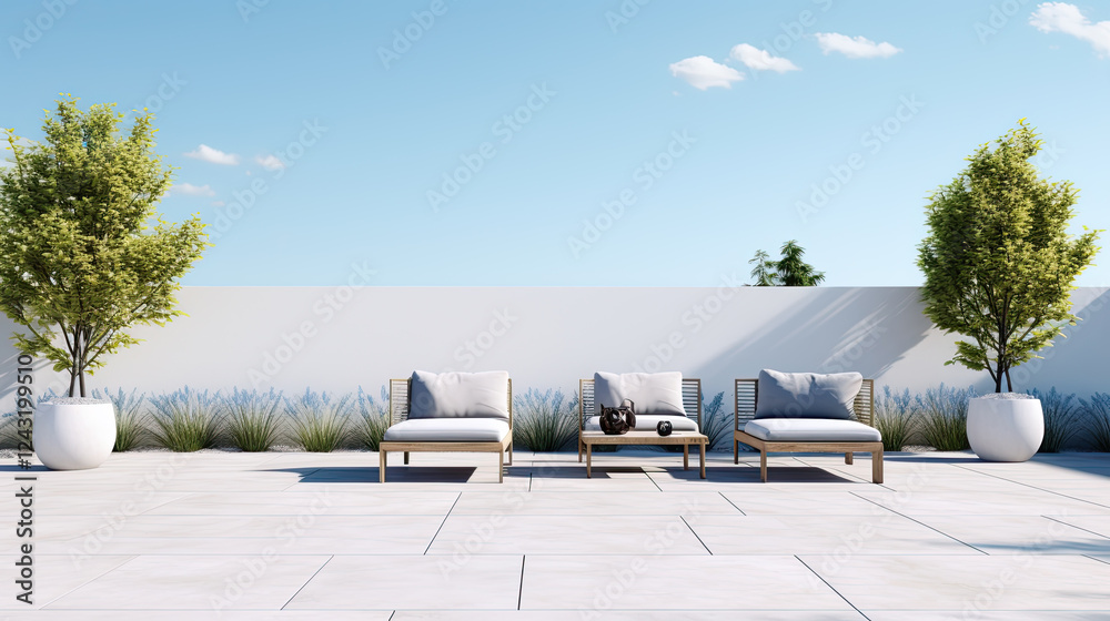Fototapeta premium Modern Rooftop Terrace with Minimalist Furniture and Landscaping