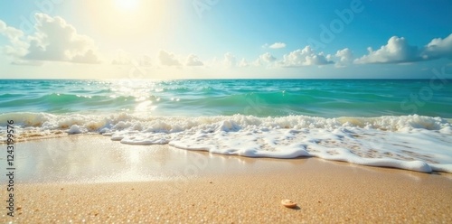 Sun-drenched sand, gentle waves lapping shore, beach, summer photo
