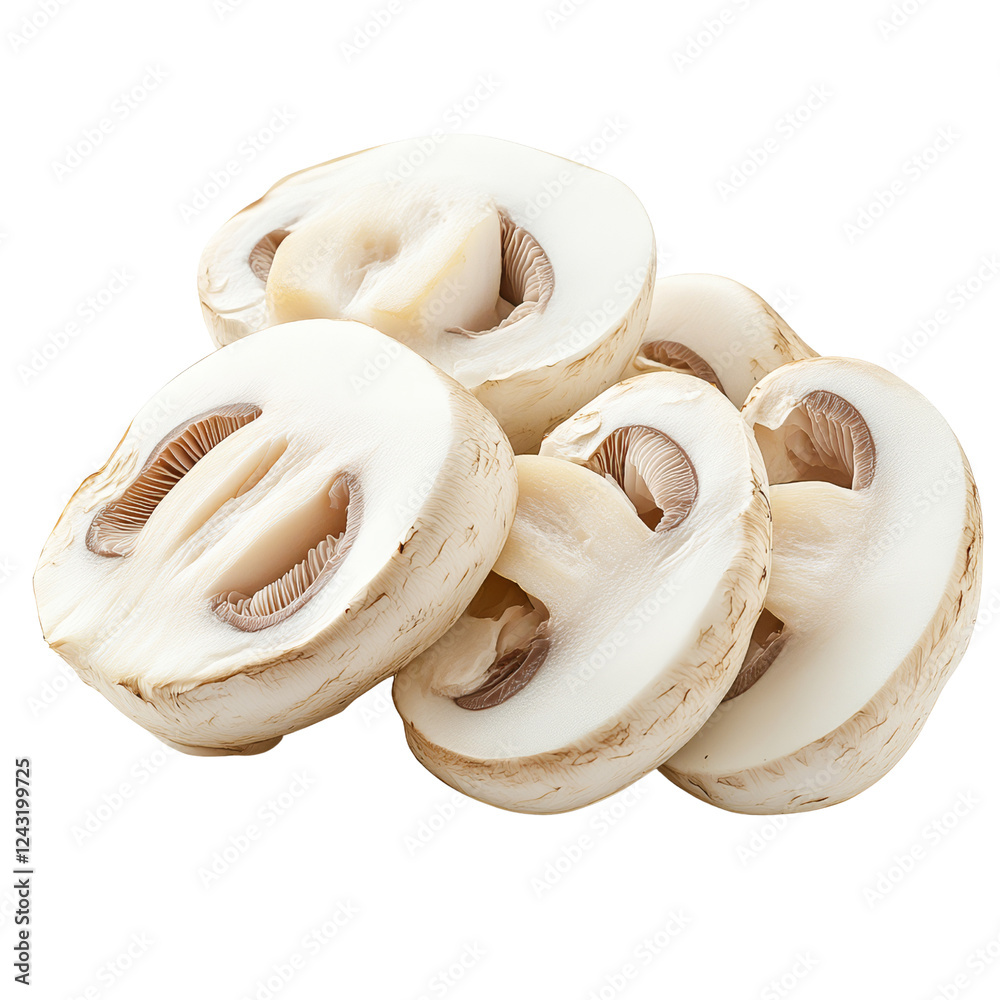 Fototapeta premium Sliced mushrooms arranged neatly, showcasing their pale color and gills, emphasizing their fresh and edible nature.