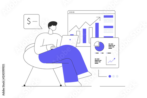 Virtual finance. Man working with data charts and calculating money, making market research. Flat Cartoon Vector Illustration, icon. Stylish abstract 