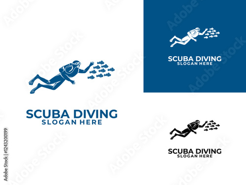 Scuba Diving Logo Design Vector Template. Snorkeling logo icon. Diver and Fish logo vector.