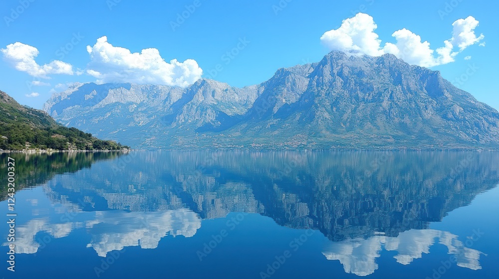 Naklejka premium Serene mountain lake reflection, idyllic landscape, azure water, and clouds mirrored