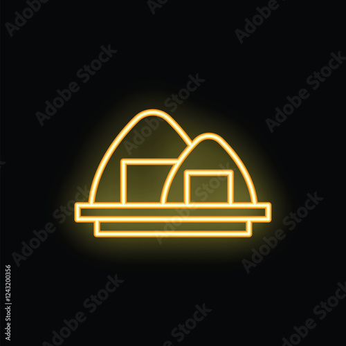 Yellow neon icon of two onigiri rice balls on a wooden tray, glowing on black background