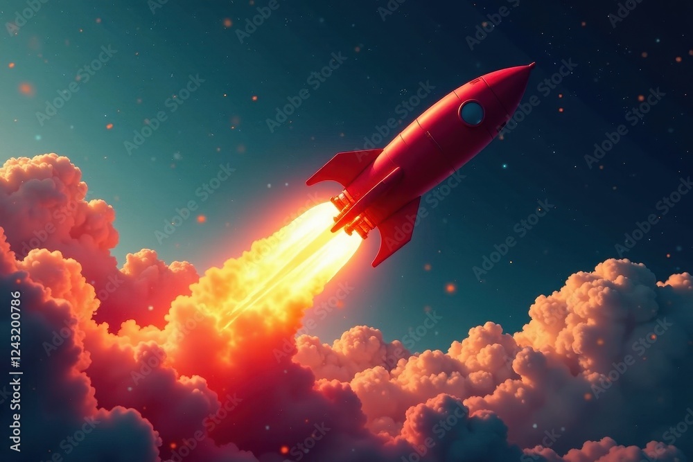 Sleek red rocket blasts off, leaving fiery trail, horizon, clouds Sleek red rocket blasts off, leaving fiery trail, horizon, clouds