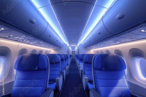 Interior of an airplane cabin showcasing rows of blue upholstered seats and futuristic ambient lighting. The sleek design emphasizes comfort and modernity in air travel