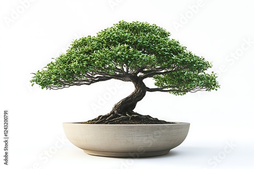 3D Style Pruned Bonsai Tree in a Ceramic Pot Isolated on White. photo