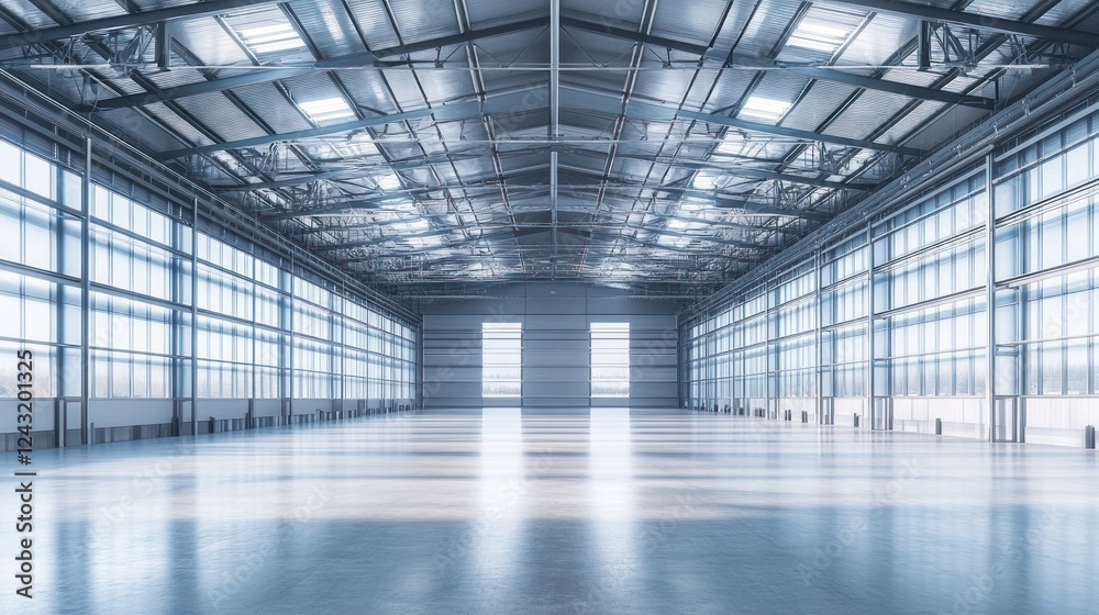 A spacious, modern industrial warehouse with large windows and polished floors. A spacious, modern industrial warehouse with large windows and polished floors.