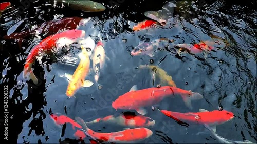 pond with various kinds of koi fish