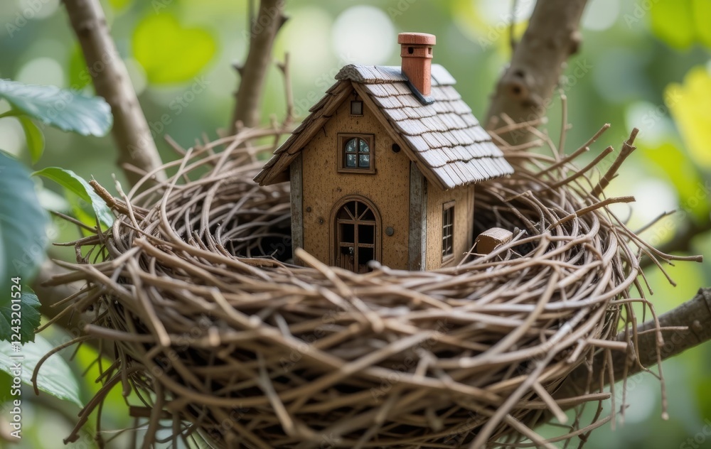 A bird's nest with a small house in the center