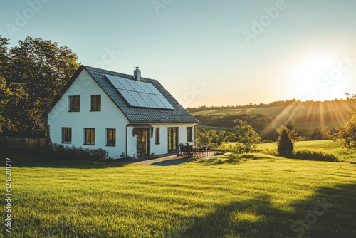 A modern house with solar panels on the roof, located in Germany, features white walls and black windows.