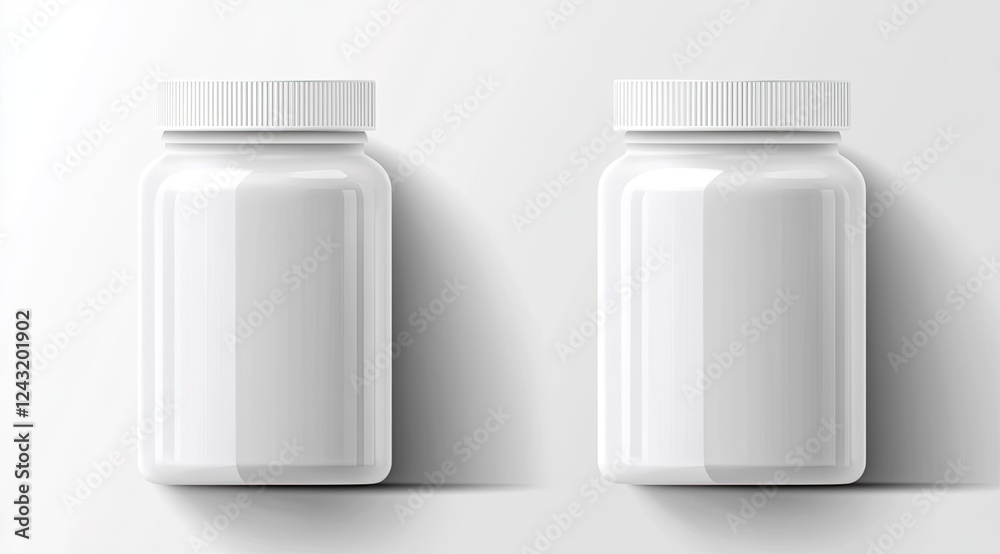White plastic bottle with cap, white background, front view and side view. The image of the medicine pill box is on an isolated white background. There is space for text or design. White color, White plastic bottle with cap, white background, front view and side view. The image of the medicine pill box is on an isolated white background. There is space for text or design. White color,