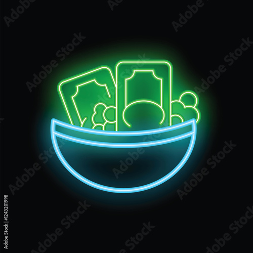 Neon sign depicting a bowl overflowing with cash, symbolizing prosperity and abundance