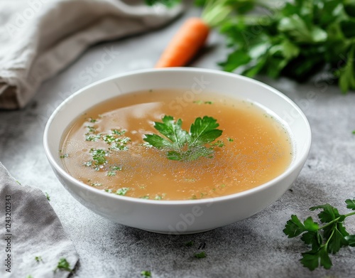 Boiled bone and broth. Homemade beef bone broth is cooked in a pot on.  Collagen, which provides the body with amino acids, which are the building blocks of proteins and probiotic microflora. photo