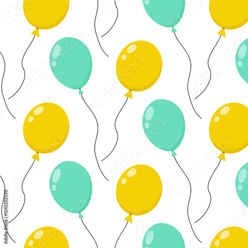 Colorful balloons in a playful pattern on a bright white background