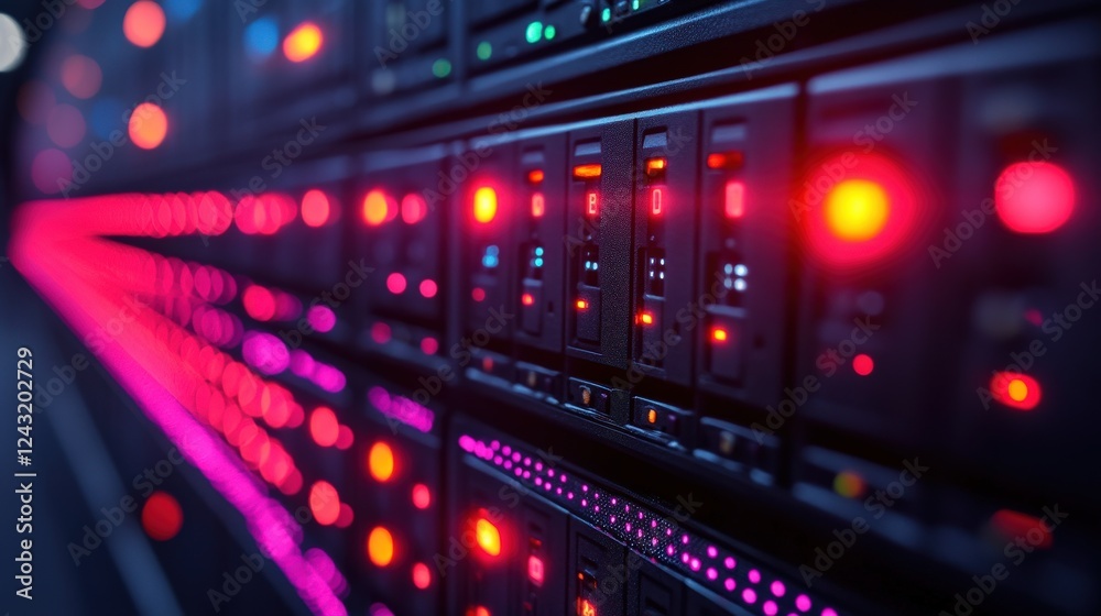 Close-up view of illuminated server racks in a data center, showcasing vibrant lights and technology Close-up view of illuminated server racks in a data center, showcasing vibrant lights and technology