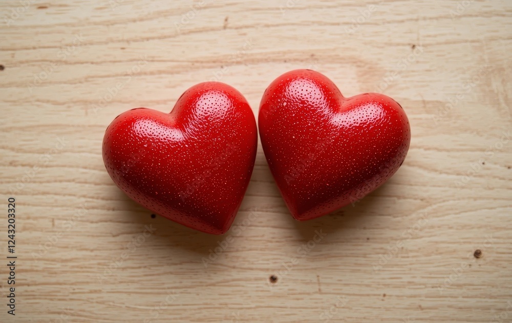 Two hearts made out of red felt or paper on a light wooden background Two hearts made out of red felt or paper on a light wooden background