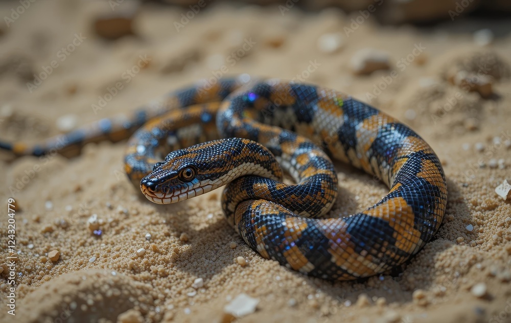 Fototapeta premium A close-up of a python snake slithering in the sand with colorful patches on its skin