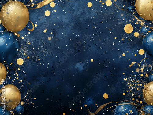 Vibrant navy blue and gold themed celebration with colorful balloons and glittering confetti, ideal for festive banners, posters, and background designs with space for custom text