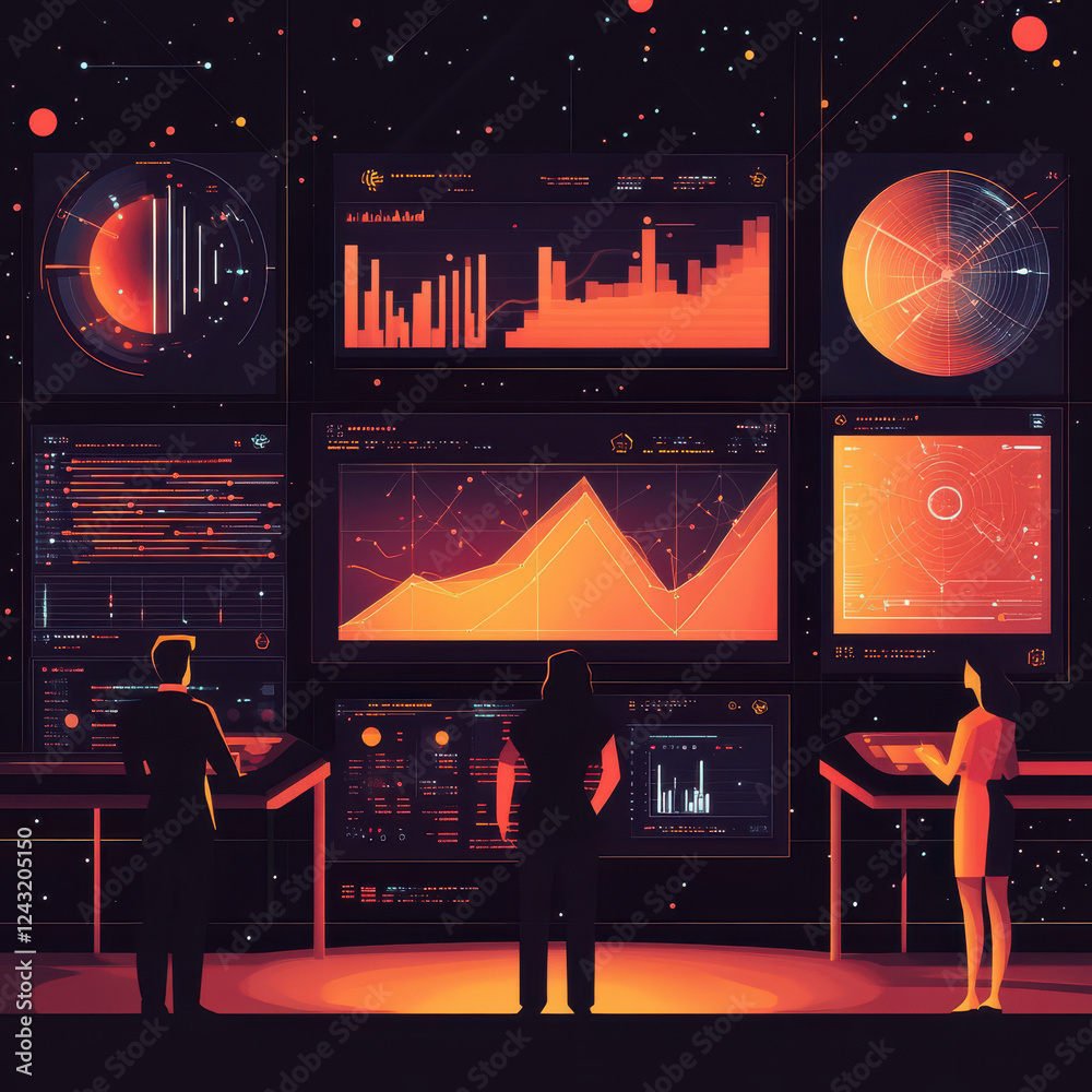 Obraz premium Data visualization tools showcase interactive analytics futuristic setting. scene features three individuals analyzing vibrant graphs and charts against cosmic backdrop, evoking sense of