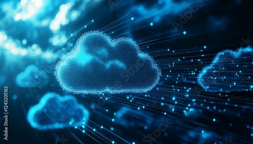 A digital illustration of glowing blue clouds with data streams, symbolizing cloud computing and technology.