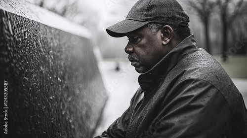 Older man reflecting on Dr. King's legacy at memorial site in rain photo