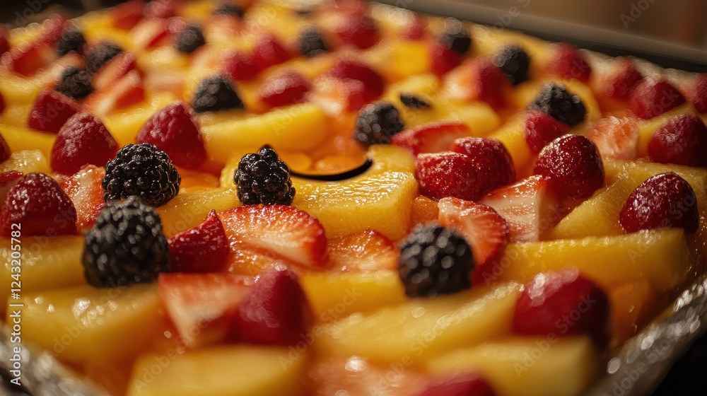A vibrant fruit dessert, bursting with juicy strawberries, raspberries, blackberries, and pineapple. A vibrant fruit dessert, bursting with juicy strawberries, raspberries, blackberries, and pineapple.