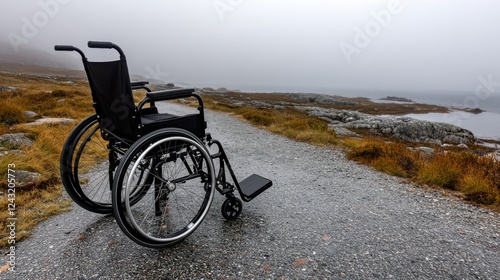 An empty wheelchair rests on a misty path by the lake, surrounded by rugged nature, embodying solitude, reflection, and a sense of journey paused. photo