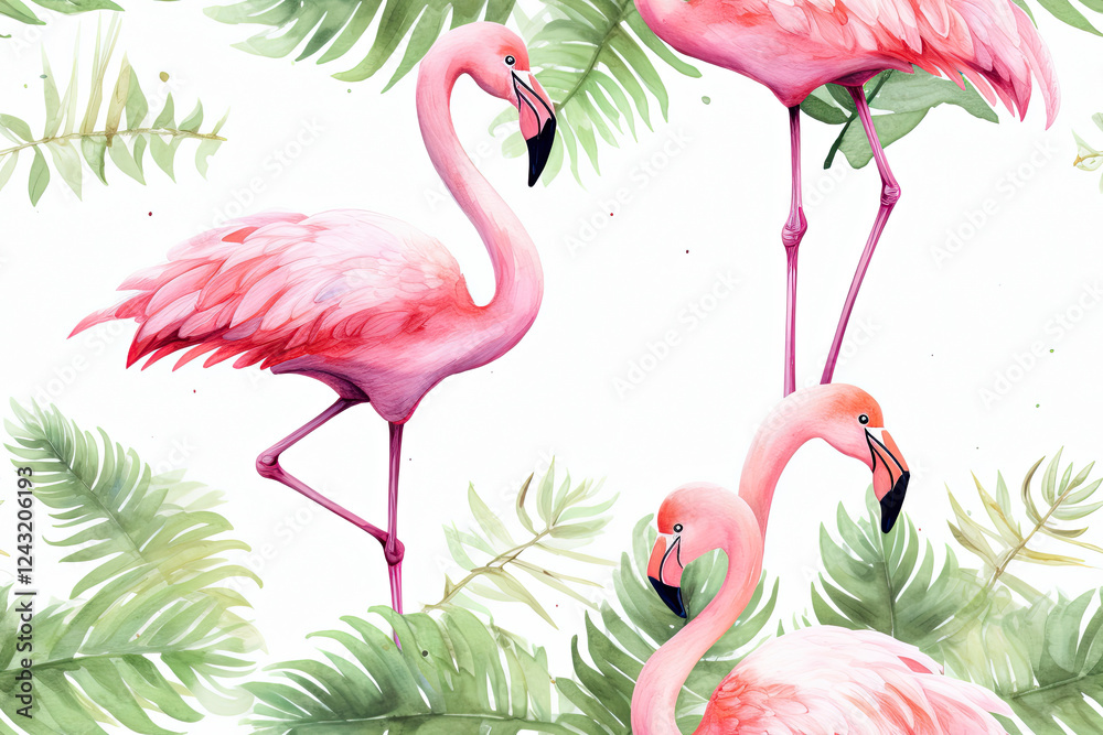 Naklejka premium Pink Flamingos in Watercolor Tropical Leaves Seamless Pattern