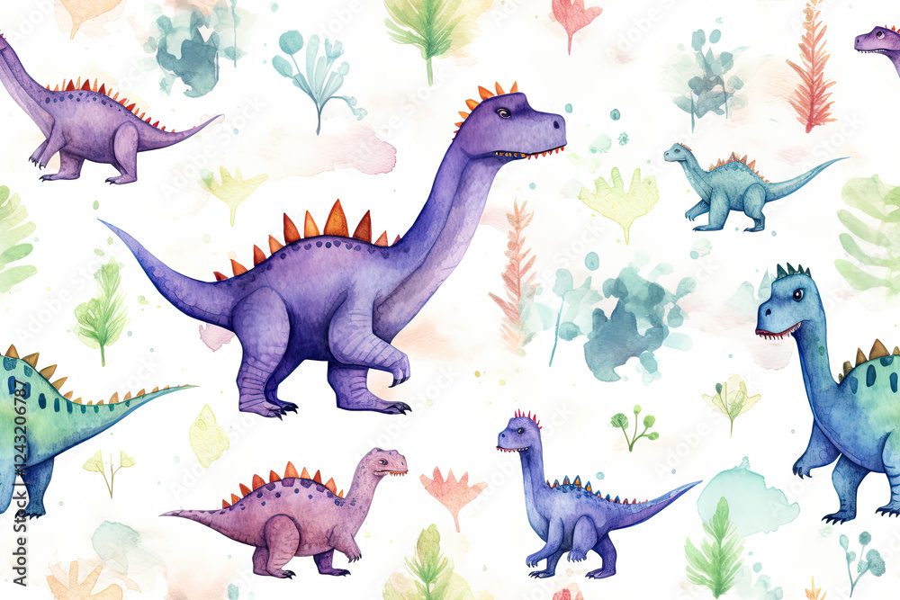 Obraz premium Watercolor Dinosaurs Seamless Pattern for Kids Fabric